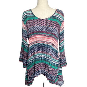 CATO Multi‎ Color Mixed Print Bell Sleeves Sharkbite Hem Pleated Top Size Large